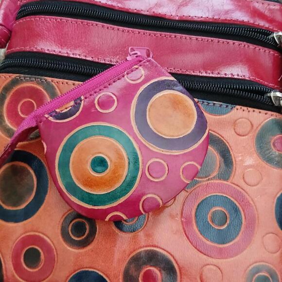 Handmade mod retro pink and orange leather crossbody bag - Picture 2 of 5